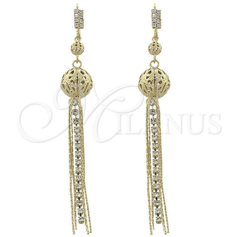 Arete Largo 5.083.004 Oro Laminado, Diseño de Bola, con Blanca Zirconia Cubica, Diamantado, Tono Dorado