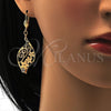 Arete Colgante 64.014 Oro Laminado, Diseño de Oja y Flor, con Blanca Cristal, Diamantado, Tono Dorado