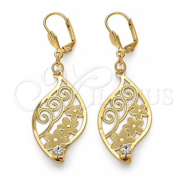 Arete Colgante 64.014 Oro Laminado, Diseño de Oja y Flor, con Blanca Cristal, Diamantado, Tono Dorado