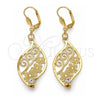 Arete Colgante 64.014 Oro Laminado, Diseño de Oja y Flor, con Blanca Cristal, Diamantado, Tono Dorado
