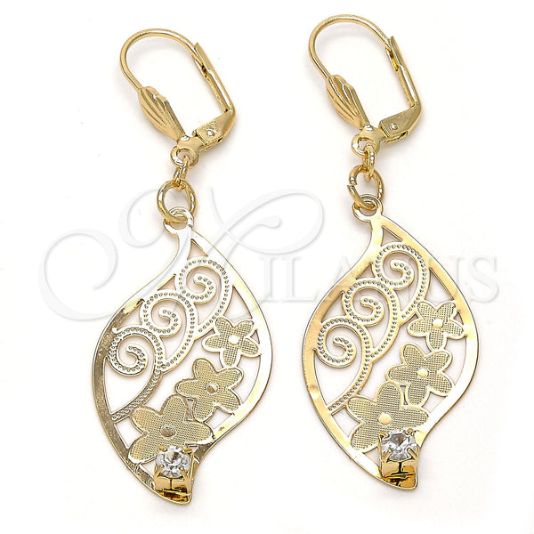 Arete Colgante 64.014 Oro Laminado, Diseño de Oja y Flor, con Blanca Cristal, Diamantado, Tono Dorado