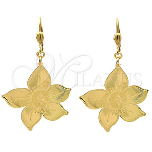 Arete Colgante 61.012 Oro Laminado, Diseño de Flor, Pulido, Tono Dorado