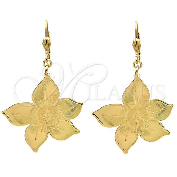 Arete Colgante 61.012 Oro Laminado, Diseño de Flor, Pulido, Tono Dorado
