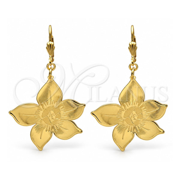 Arete Colgante 61.012 Oro Laminado, Diseño de Flor, Pulido, Tono Dorado