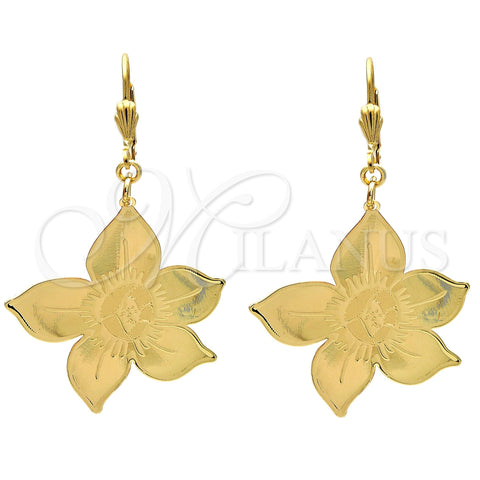 Arete Colgante 61.012 Oro Laminado, Diseño de Flor, Pulido, Tono Dorado