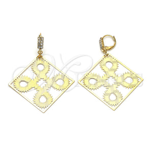Arete Colgante 69.003 Oro Laminado, Diseño de File, con Blanca Zirconia Cubica, Diamantado, Tono Dorado