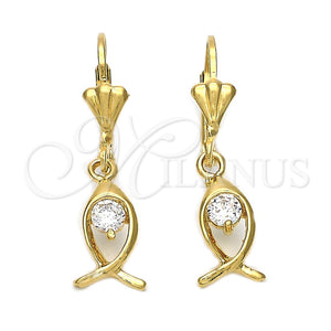 Arete Colgante 5.027.018 Oro Laminado, Diseño de Pescado, con Blanca Zirconia Cubica, Pulido, Tono Dorado