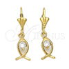 Arete Colgante 5.027.018 Oro Laminado, Diseño de Pescado, con Blanca Zirconia Cubica, Pulido, Tono Dorado