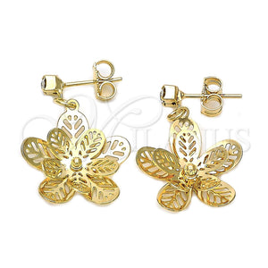 Arete Colgante 02.63.2260 Oro Laminado, Diseño de Flor, con Blanca Zirconia Cubica, Pulido, Tono Dorado