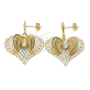 Arete Colgante 5.064.015 Oro Laminado, Diseño de Corazón, con Blanca Zirconia Cubica, Diamantado, Tono Dorado