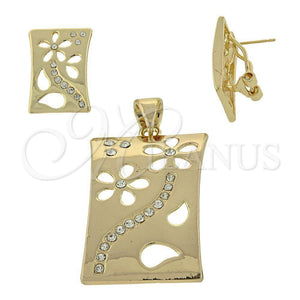 Juego de Arete y Dije de Adulto 5.047.005 Oro Laminado, Diseño de Flor, con Blanca Cristal, Pulido, Tono Dorado