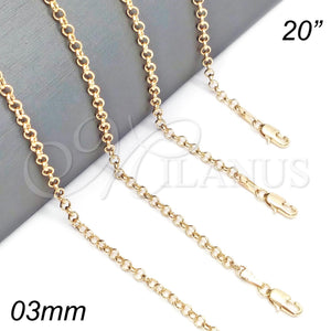 Gargantilla Basica 5.223.021.20 Oro Laminado, Diseño de Rolo, Pulido, Tono Dorado (03 MM Thickness, 20 Inches Length)