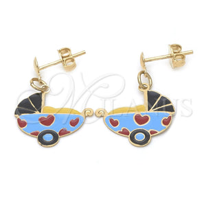Arete Colgante 02.32.0267 *PROMO* Oro Laminado, Diseño de Carrito de Bebe, Esmaltado Azul, Tono Dorado
