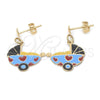 Arete Colgante 02.32.0267 *PROMO* Oro Laminado, Diseño de Carrito de Bebe, Esmaltado Azul, Tono Dorado