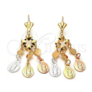 Arete Largo 59.004 Oro Laminado, Diseño de Guadalupe y Corazón, Pulido, Tres Tonos