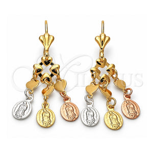 Arete Largo 59.004 Oro Laminado, Diseño de Guadalupe y Corazón, Pulido, Tres Tonos