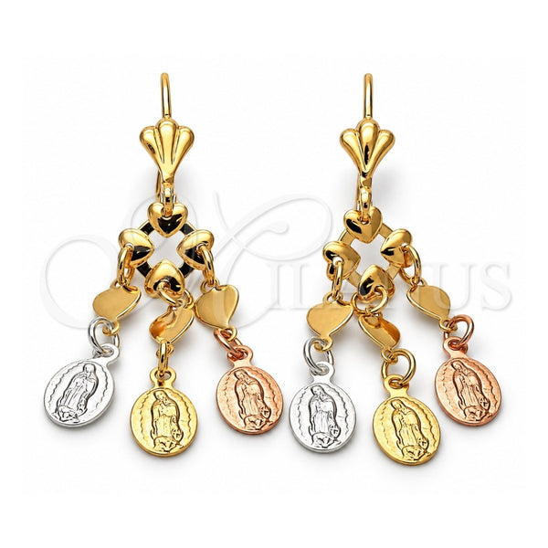 Arete Largo 59.004 Oro Laminado, Diseño de Guadalupe y Corazón, Pulido, Tres Tonos