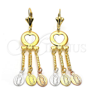 Arete Chandelier 59.006 Oro Laminado, Diseño de Guadalupe y Corazón, Diamantado, Tres Tonos