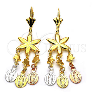 Arete Chandelier 59.012 Oro Laminado, Diseño de Guadalupe y Flor, Pulido, Tres Tonos