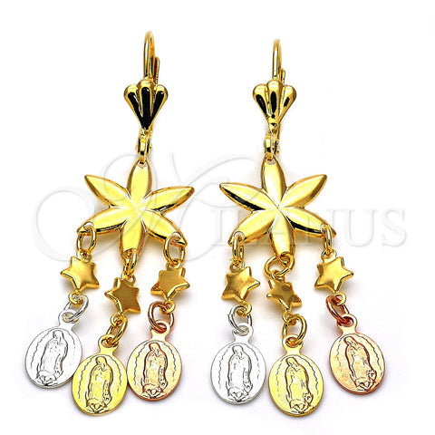 Arete Chandelier 59.012 Oro Laminado, Diseño de Guadalupe y Flor, Pulido, Tres Tonos