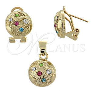 Juego de Arete y Dije de Adulto 5.047.009 Oro Laminado, Diseño de Bola, con Multicolor Cristal, Diamantado, Tono Dorado