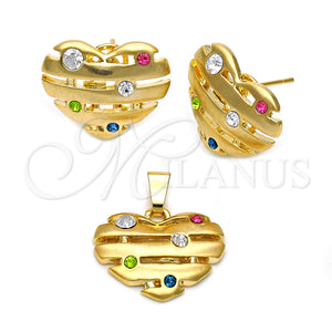 Juego de Arete y Dije de Adulto 5.047.004 Oro Laminado, Diseño de Corazón, con Multicolor Cristal, Pulido, Tono Dorado