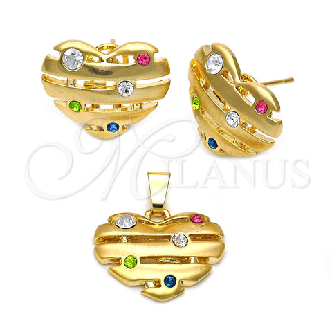Juego de Arete y Dije de Adulto 5.047.004 Oro Laminado, Diseño de Corazón, con Multicolor Cristal, Pulido, Tono Dorado