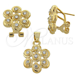 Juego de Arete y Dije de Adulto 5.053.003 Oro Laminado, Diseño de Flor, con Blanca Cristal, Pulido, Tono Dorado