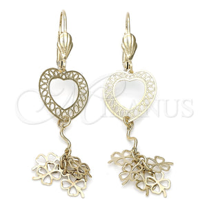Arete Colgante 02.63.0617 Oro Laminado, Diseño de Corazón y Flor, Diamantado, Tono Dorado