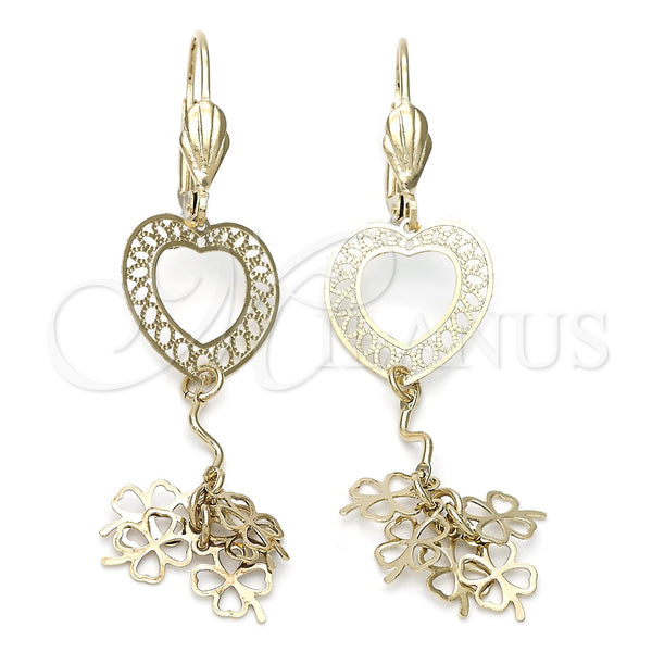 Arete Colgante 02.63.0617 Oro Laminado, Diseño de Corazón y Flor, Diamantado, Tono Dorado