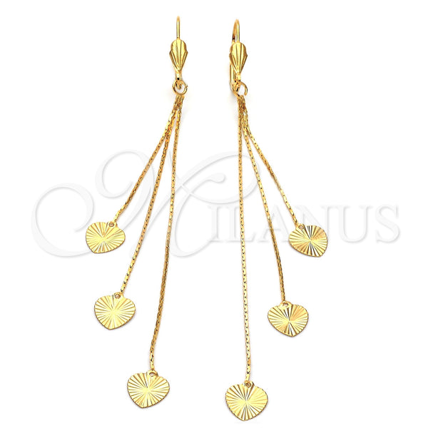 Arete Largo 02.63.0627 Oro Laminado, Diseño de Corazón y Long Box, Diamantado, Tono Dorado
