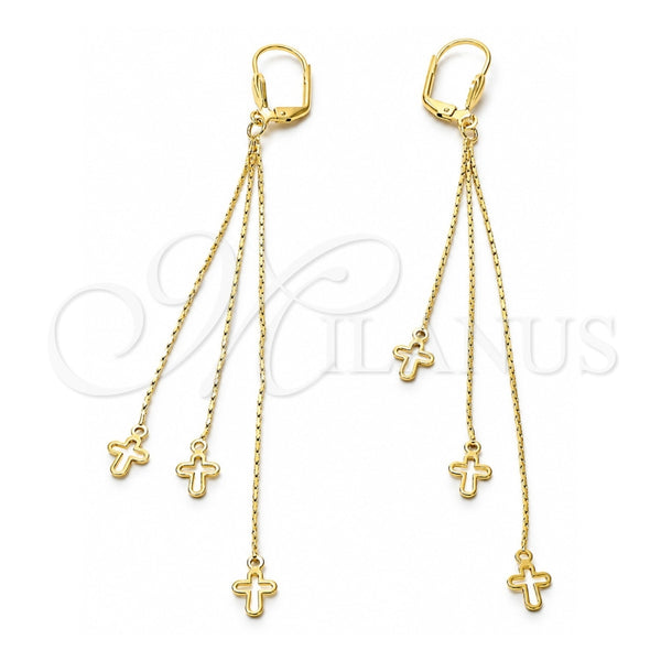 Arete Largo 02.63.0629 Oro Laminado, Diseño de Cruz, Pulido, Tono Dorado