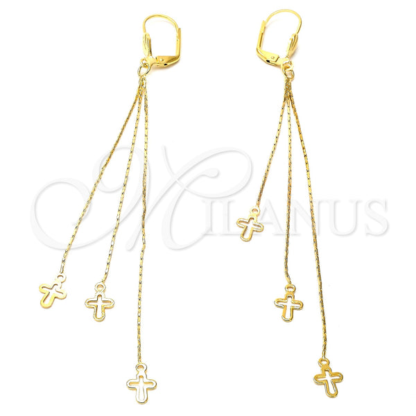 Arete Largo 02.63.0629 Oro Laminado, Diseño de Cruz, Pulido, Tono Dorado