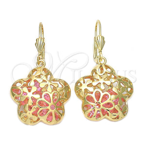 Arete Colgante 5.077.007 Oro Laminado, Diseño de Flor, con Rosado Cristal, Pulido, Tono Dorado