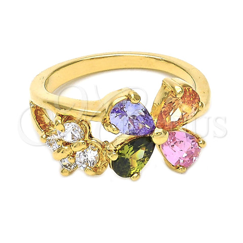 Anillo Multi Piedra 5.172.011.07 Oro Laminado, Diseño de Flor y Mariposa, con Multicolor and Blanca Zirconia Cubica, Pulido, Tono Dorado (Size 7)