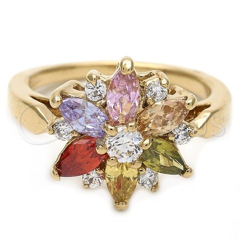 Anillo Multi Piedra 5.172.001.07 Oro Laminado, Diseño de Flor, con Multicolor Zirconia Cubica, Pulido, Tono Dorado (Size 7)