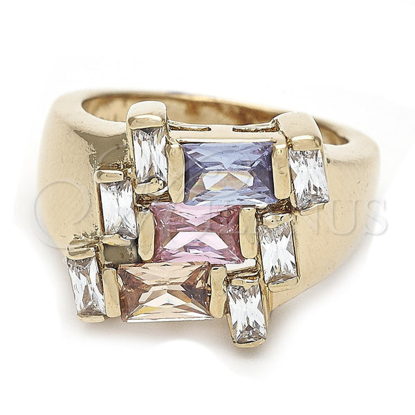 Anillo Multi Piedra 5.172.004.07 Oro Laminado, Diseño de Baguette, con Multicolor and Blanca Zirconia Cubica, Pulido, Tono Dorado (Size 7)
