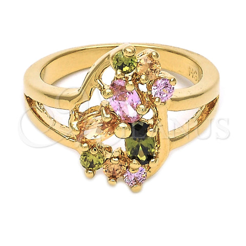 Anillo Multi Piedra 5.172.016.07 Oro Laminado, Diseño de Flor, con Multicolor Zirconia Cubica, Pulido, Tono Dorado (Size 7)