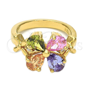 Anillo Multi Piedra 5.172.008.07 Oro Laminado, Diseño de Flor, con Multicolor and Blanca Zirconia Cubica, Pulido, Tono Dorado (Size 7)