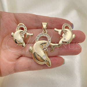 Juego de Arete y Dije de Adulto 5.040.009 Oro Laminado, Diseño de Delfín, con Blanca Cristal, Pulido, Tono Dorado