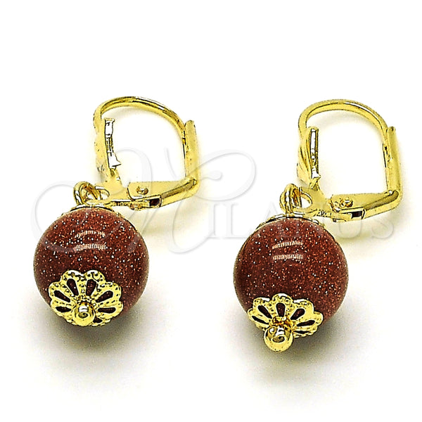 Arete Colgante 5.123.011 Oro Laminado, Diseño de Bola, con Goldstone Venturina Onix Negro, Pulido, Tono Dorado