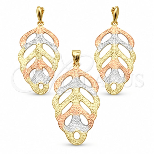 Juego de Arete y Dije de Adulto 5.046.003 Oro Laminado, Diseño de Oja, Pulido, Tres Tonos