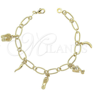 Pulsera de Dije 5.019.008 Oro Laminado, Diseño de Zapato y Pescado, Diamantado, Tono Dorado (08 MM Thickness, 8 Inches Length)