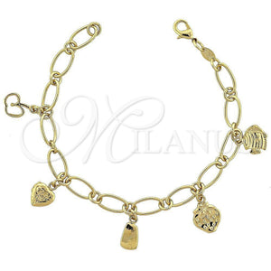 Pulsera de Dije 5.019.010 Oro Laminado, Diseño de Fresa y Pescado, Diamantado, Tono Dorado (14 MM Thickness, 8 Inches Length)