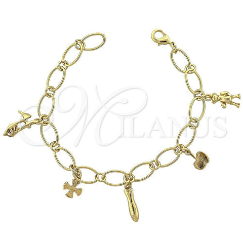 Pulsera de Dije 03.63.0337 Oro Laminado, Diseño de Zapato y Osito, Pulido, Tono Dorado (08 MM Thickness, 8 Inches Length)