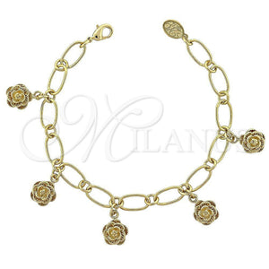 Pulsera de Dije 5.020.002 Oro Laminado, Diseño de Flor, Diamantado, Tono Dorado (08 MM Thickness, 8 Inches Length)