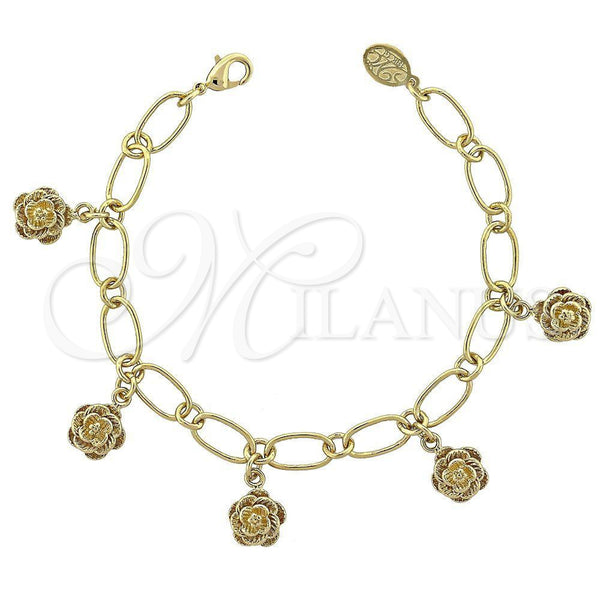 Pulsera de Dije 5.020.002 Oro Laminado, Diseño de Flor, Diamantado, Tono Dorado (08 MM Thickness, 8 Inches Length)