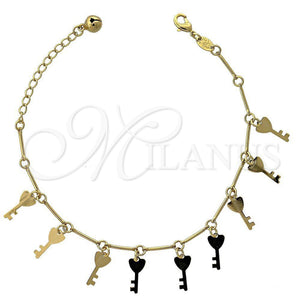 Pulsera de Dije 5.016.015.07 Oro Laminado, Diseño de Llave y Cascavel, Pulido, Tono Dorado (03 MM Thickness, 7 Inches Length)