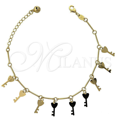 Pulsera de Dije 5.016.015.07 Oro Laminado, Diseño de Llave y Cascavel, Pulido, Tono Dorado (03 MM Thickness, 7 Inches Length)