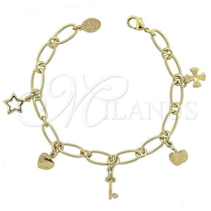 Pulsera de Dije 5.019.006 Oro Laminado, Diseño de Corazón y Llave, Diamantado, Tono Dorado (07 MM Thickness, 7 Inches Length)